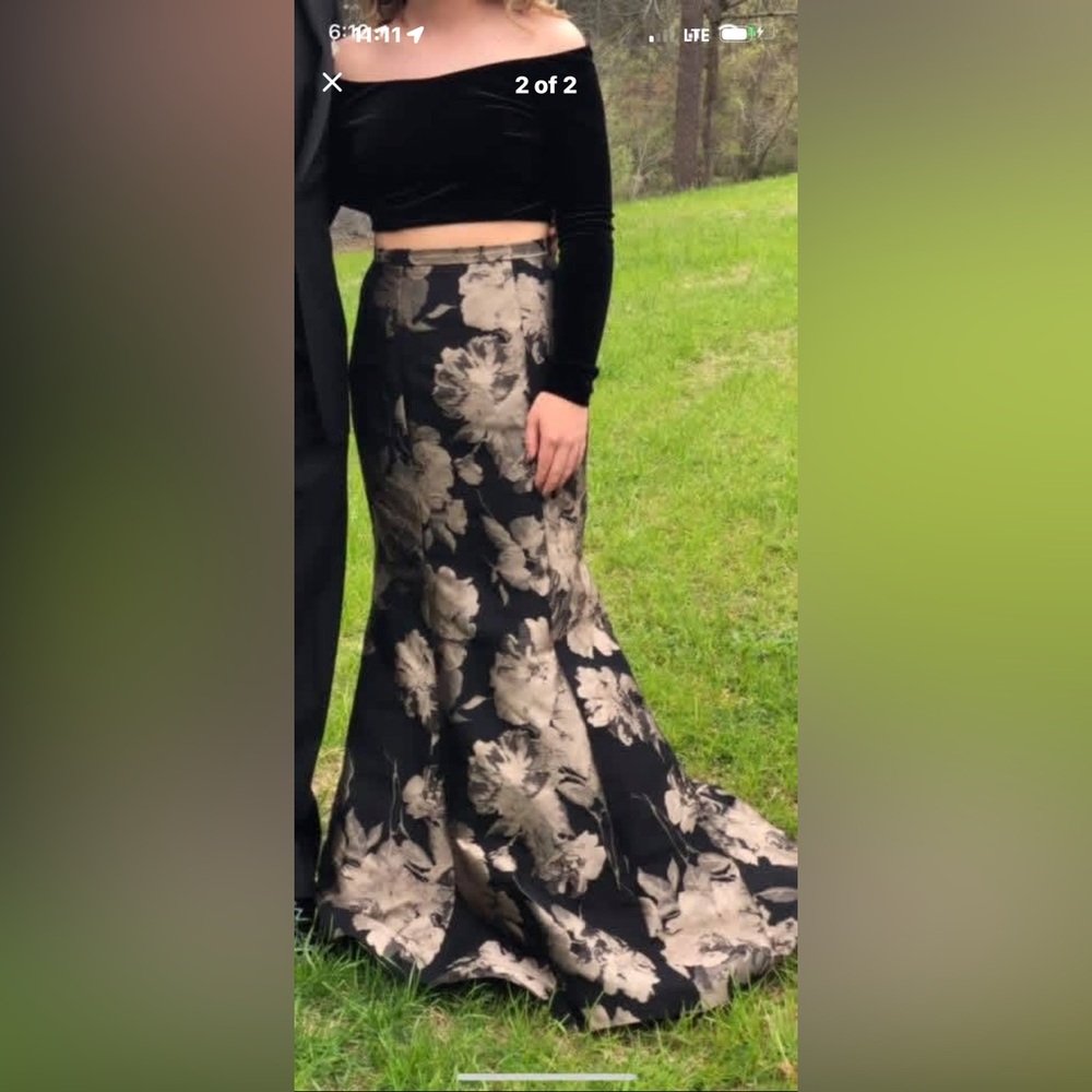 Xscape Black Evening Dress Set with Gold Lace Accents